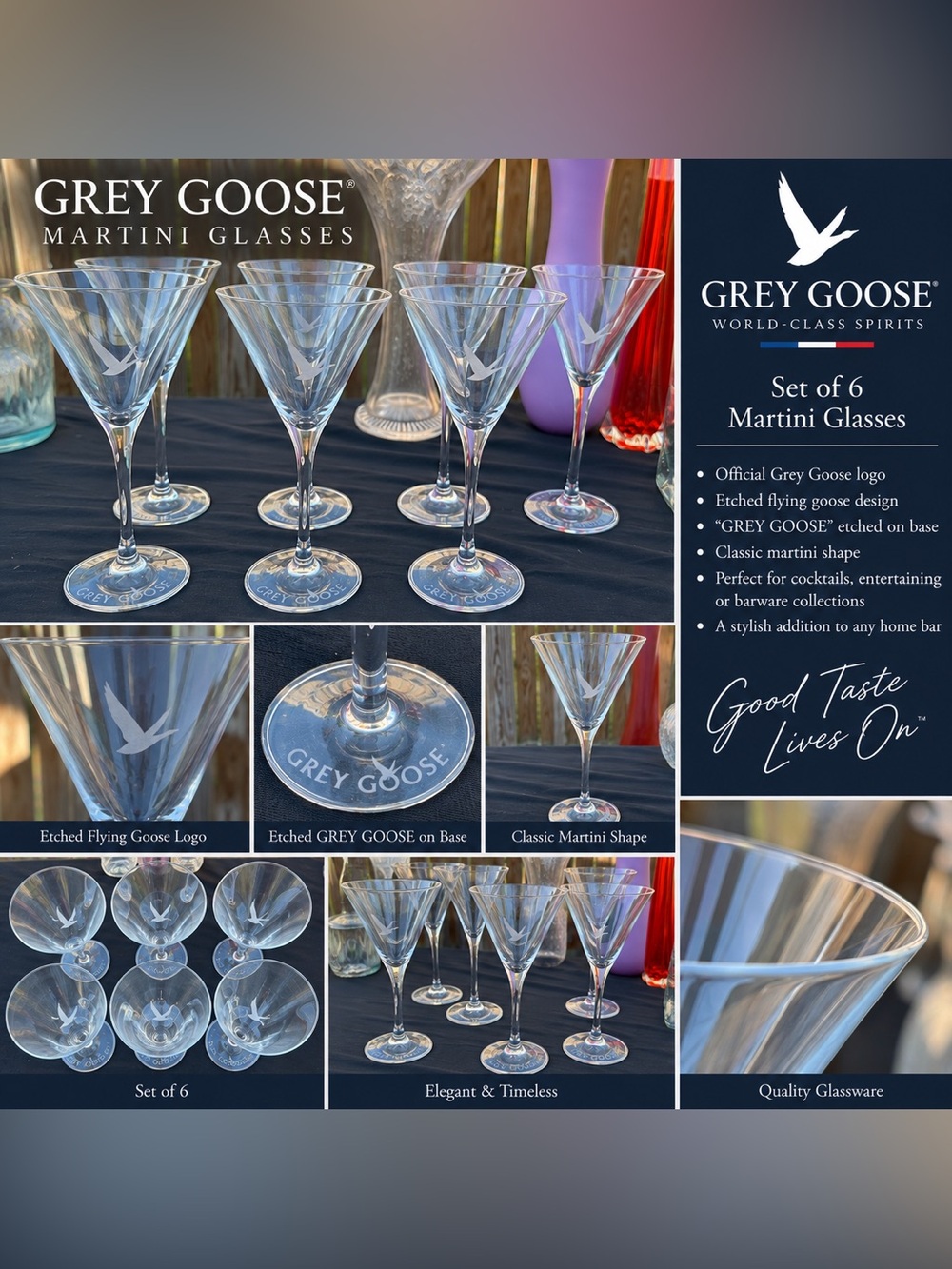Grey Goose Clear Etched Martini Glasses - Set of 6